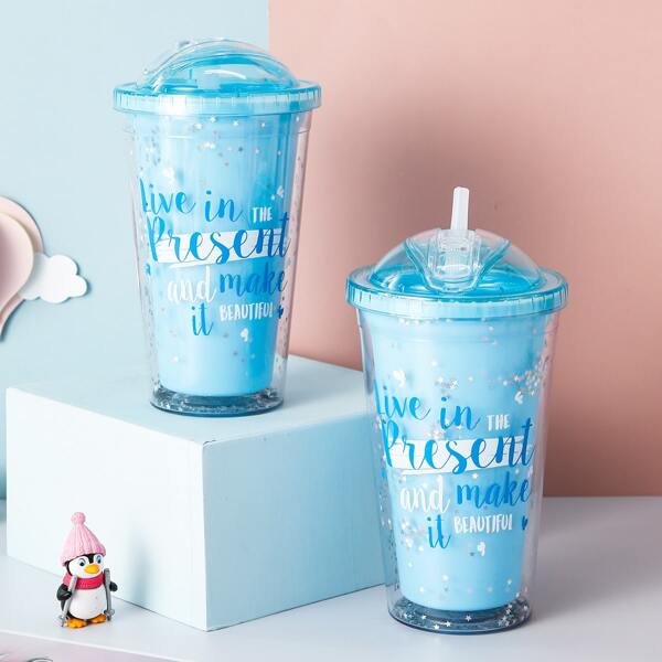

1pc Slogan Graphic Straw Bottle, Blue