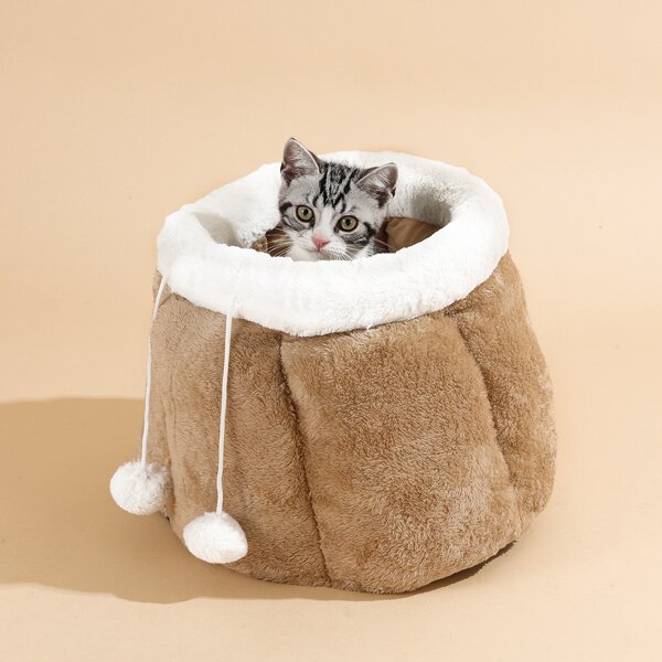 

Colorblock Pom-pom Decor Drawstring Cat Cave, Khaki