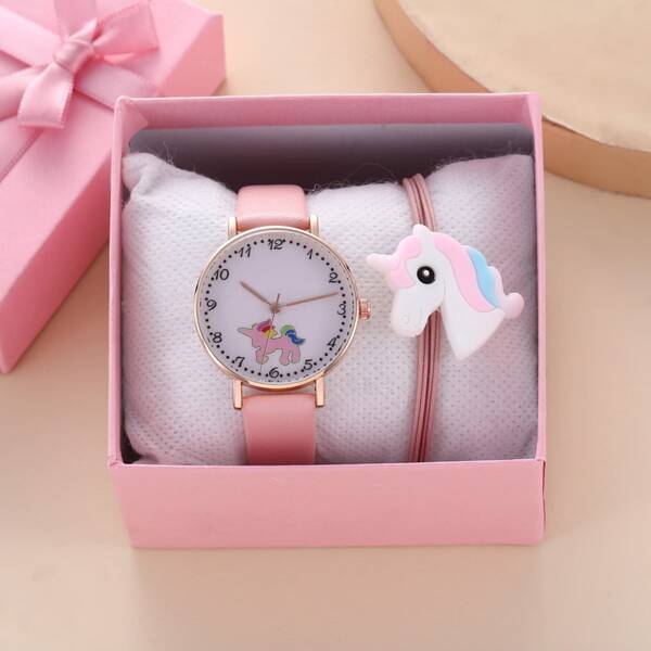 

2pcs Kids Unicorn Pattern Dial Watch With Bracelet