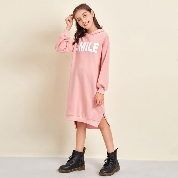 

Girls Letter Graphic Split Hem Sweatshirt Dress, Dusty pink