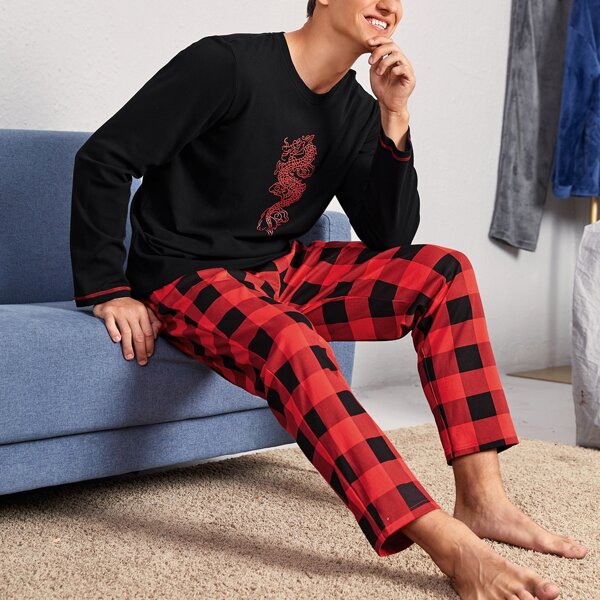 

Men Chinese Dragon And Gingham Print PJ Set, Multicolor