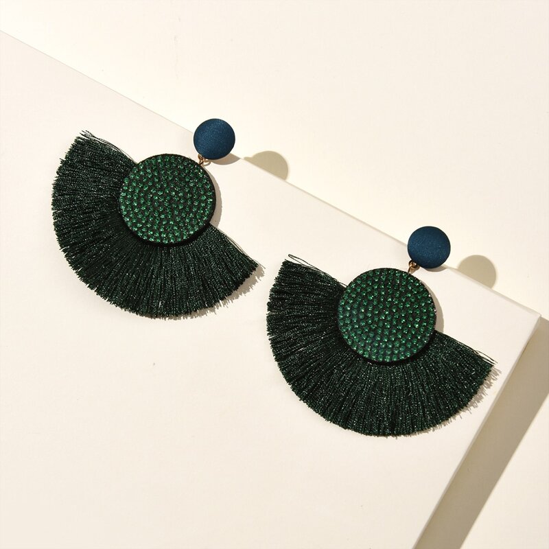 

Tassel & Rhinestone Decor Drop Earrings, Dark green