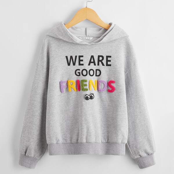

Girls Slogan Graphic Patched Detail Hoodie, Grey