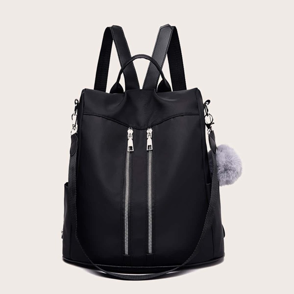 

Zip Front Backpack With Pom Pom, Black