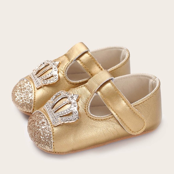 

Baby Girl Crown Decor Glitter Cap Toe Flats, Gold