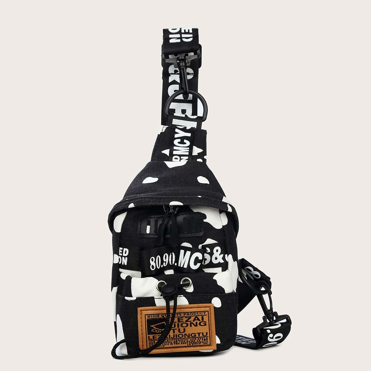 

Cow Print Canvas Sling Bag, Black and white
