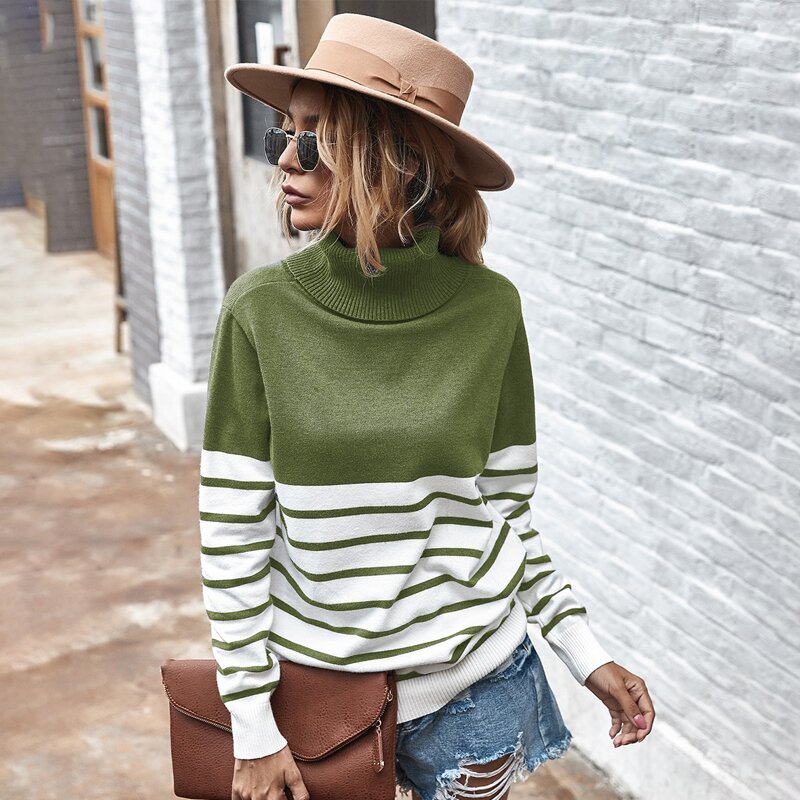 

High Neck Two Tone Stripe Sweater, Multicolor