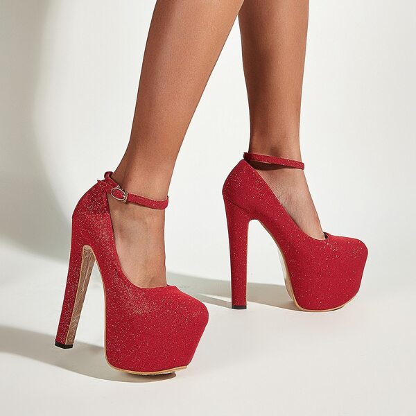 

Minimalist Ankle Strap Chunky Pumps, Red