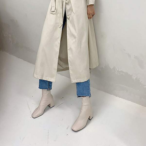 

Minimalist Side Zipper Chunky Heeled Boots, Beige