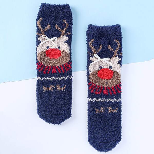 

Christmas Pattern Fuzzy Socks, Navy blue