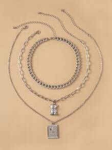 3pcs Lock Pendant Chain Necklace - Silver - View 2