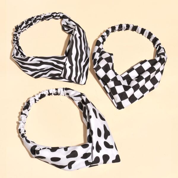 

3pcs Checkered Headband, Black and white