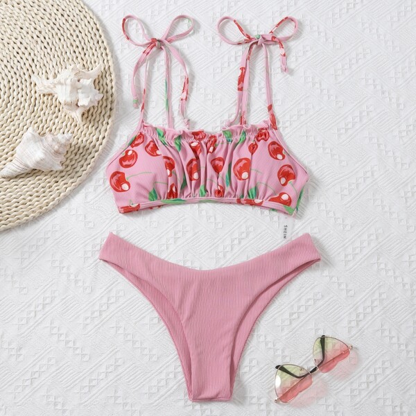 

Cherry Print Rib Tie Shoulder Bikini Swimsuit, Pastel baby pink