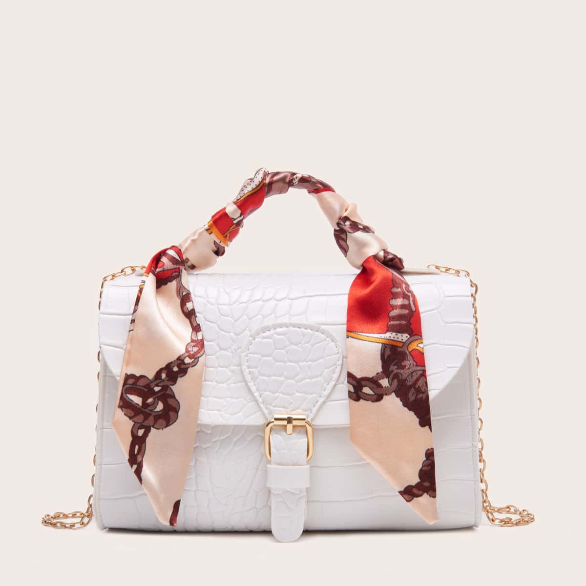 

Twilly Scarf Buckle Decor Chain Satchel Bag, White