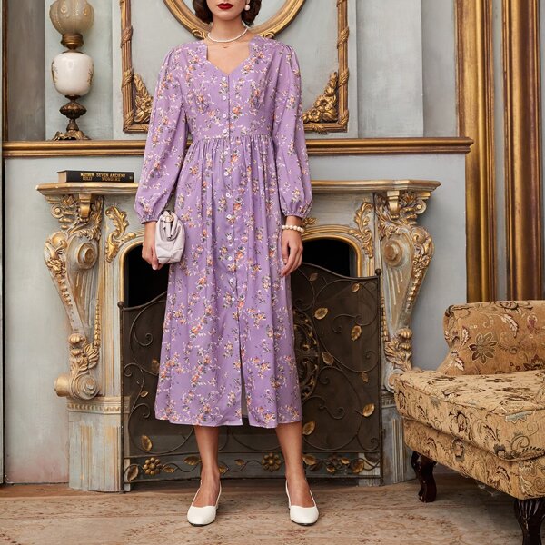

Floral Print Puff Sleeve A-line Dress, Lilac purple
