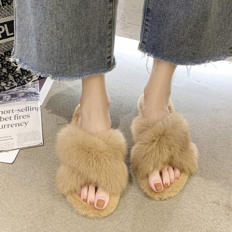 

Fluffy Cross Strap Slippers, Khaki