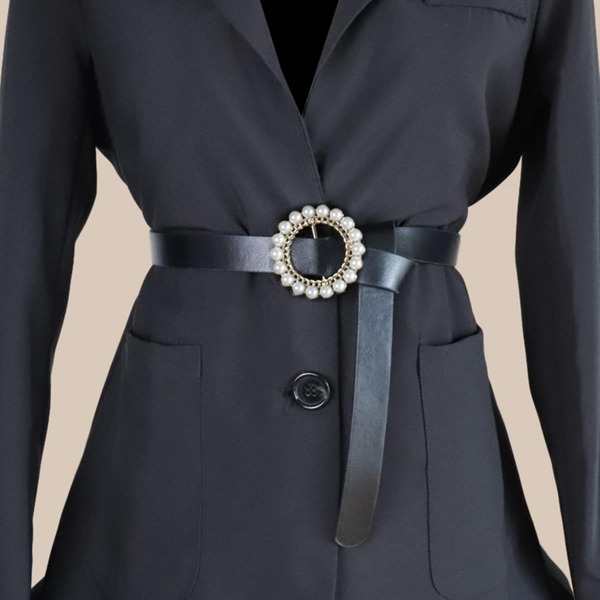 

Faux Pearl Decor Buckle Belt, Black