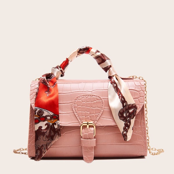 

Twilly Scarf Buckle Decor Chain Satchel Bag, Pink