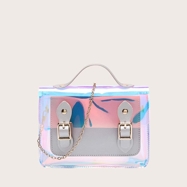 

Girls Holographic Chain Satchel Bag, Grey