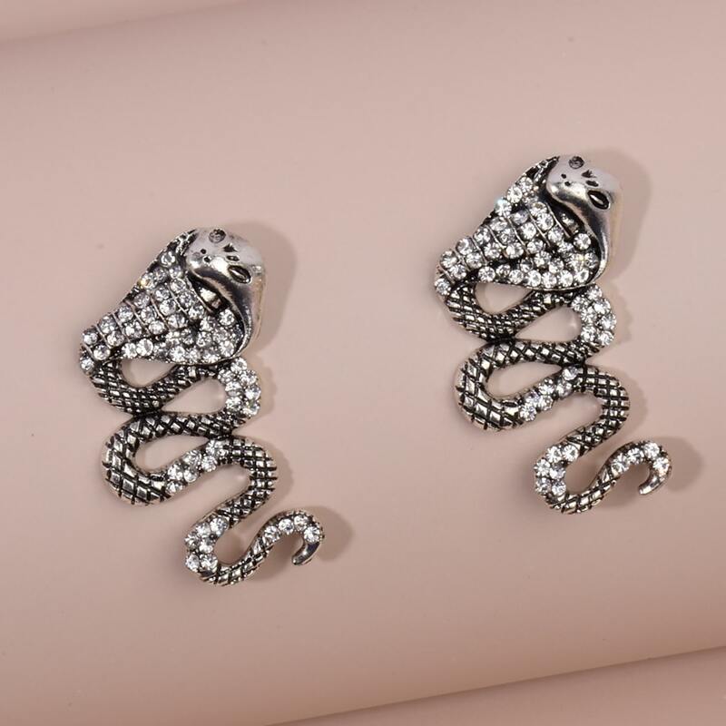 

Rhinestone Decor Snake Design Stud Earrings, Antique silver
