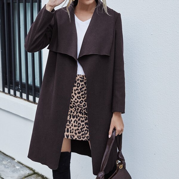 

Waterfall Collar Open Front Belted Overcoat, Chocolate brown