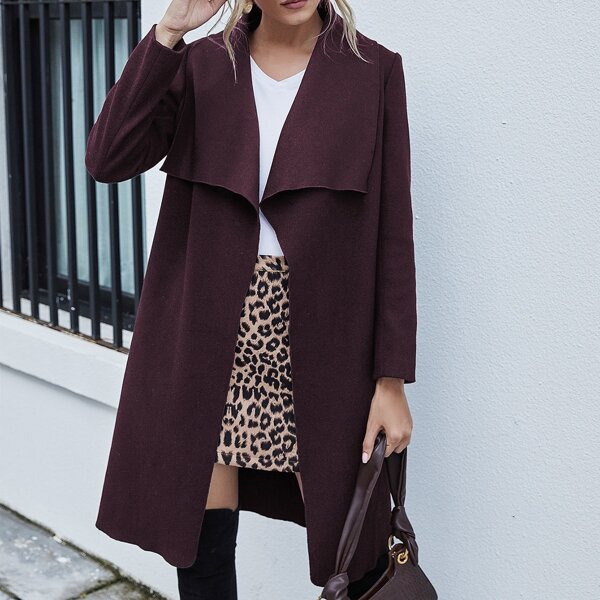 

Waterfall Collar Open Front Belted Overcoat, Maroon