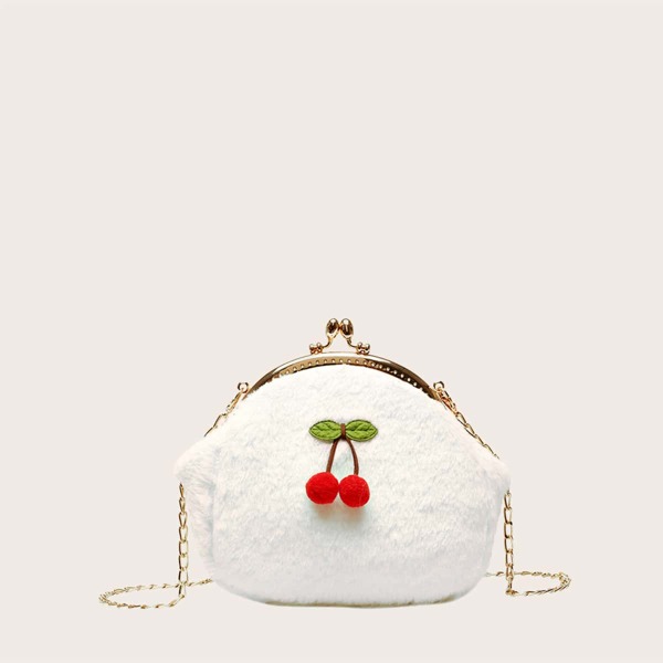 

Cherry Decor Fluffy Chain Crossbody Bag, Beige