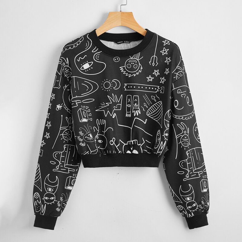 

Drop Shoulder Cartoon Print Pullover, Black