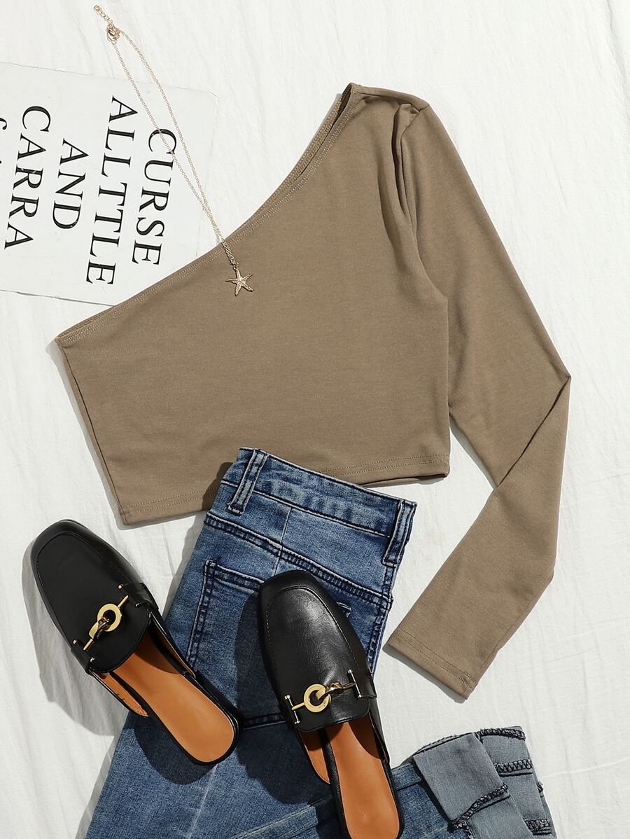 SHEIN Essnce One Shoulder Crop Tee - Khaki - View 1
