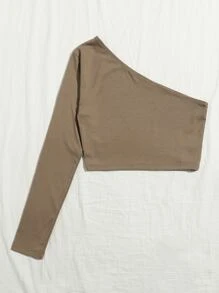 SHEIN Essnce One Shoulder Crop Tee - Khaki - View 2