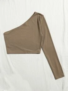 SHEIN Essnce One Shoulder Crop Tee - Khaki - View 3