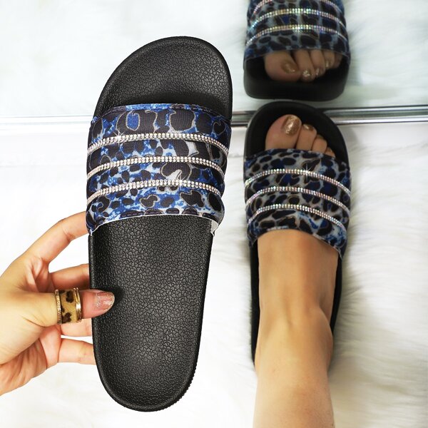 

Rhinestone Decor Leopard Slides, Blue