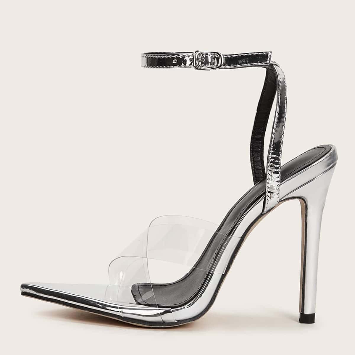 

Clear Cross Strap Ankle Strap Stiletto Heeled Sandals, Silver
