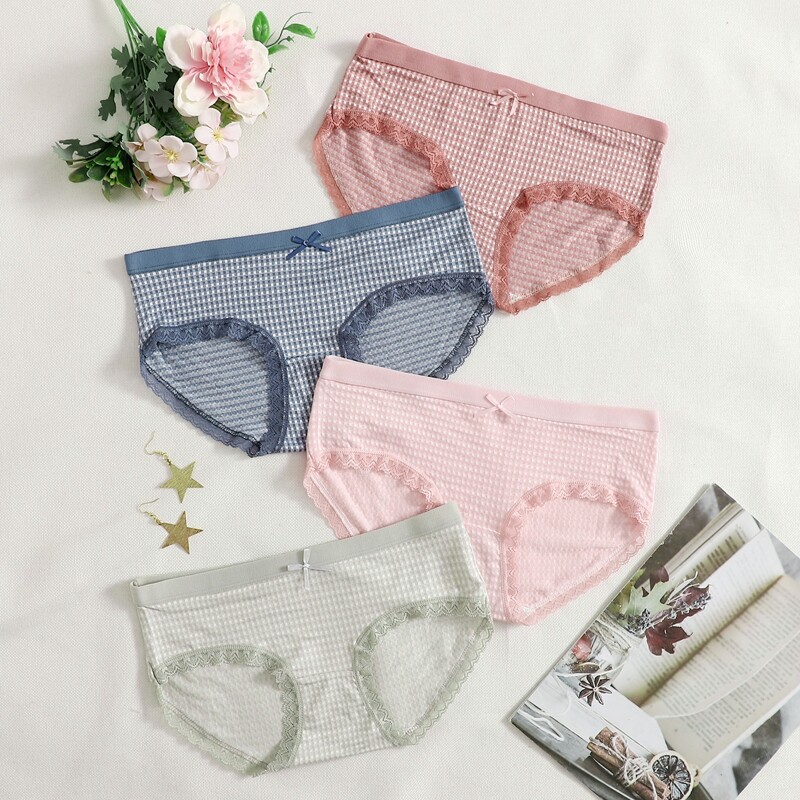 

4pack Gingham Lace Trim Panty Set, Multicolor