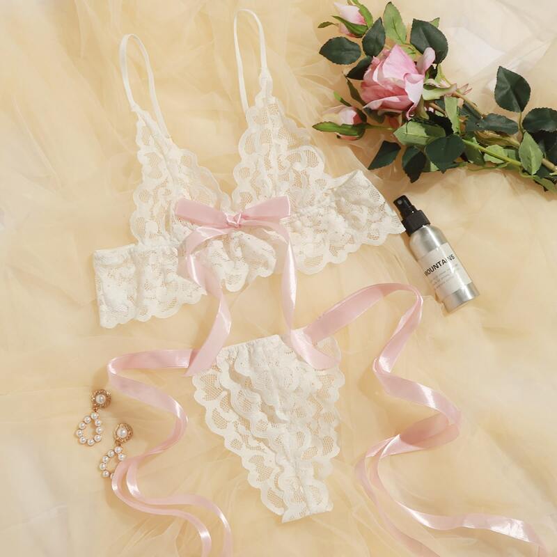 

Floral Lace Knot Detail Lingerie Set, White