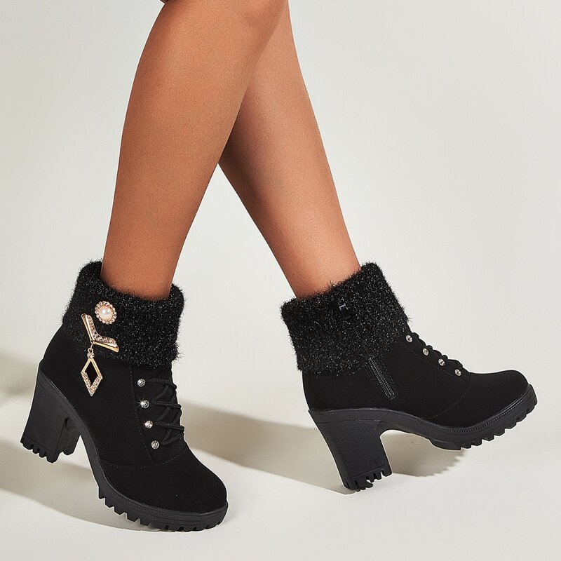 

Rhinestone Decor Chunky Heeled Boots, Black