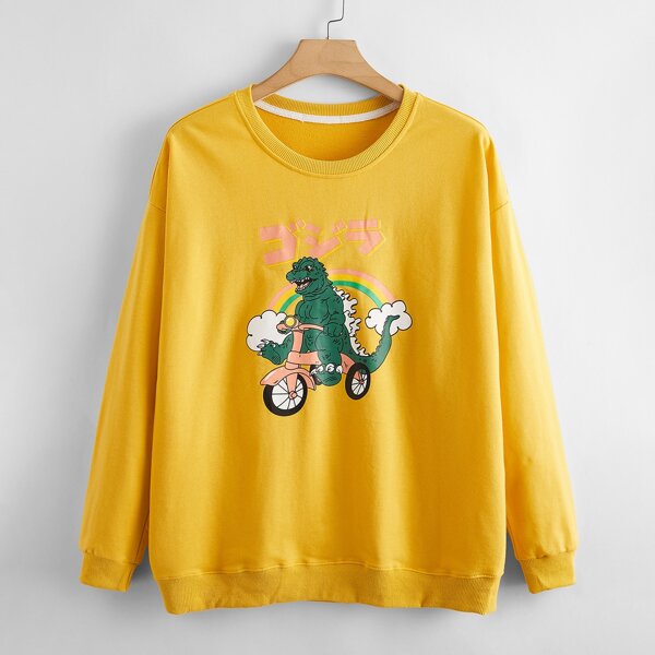 

Plus Japanese Letter And Dinosaur Print Drop Shoulder Sweatshirt, Yellow
