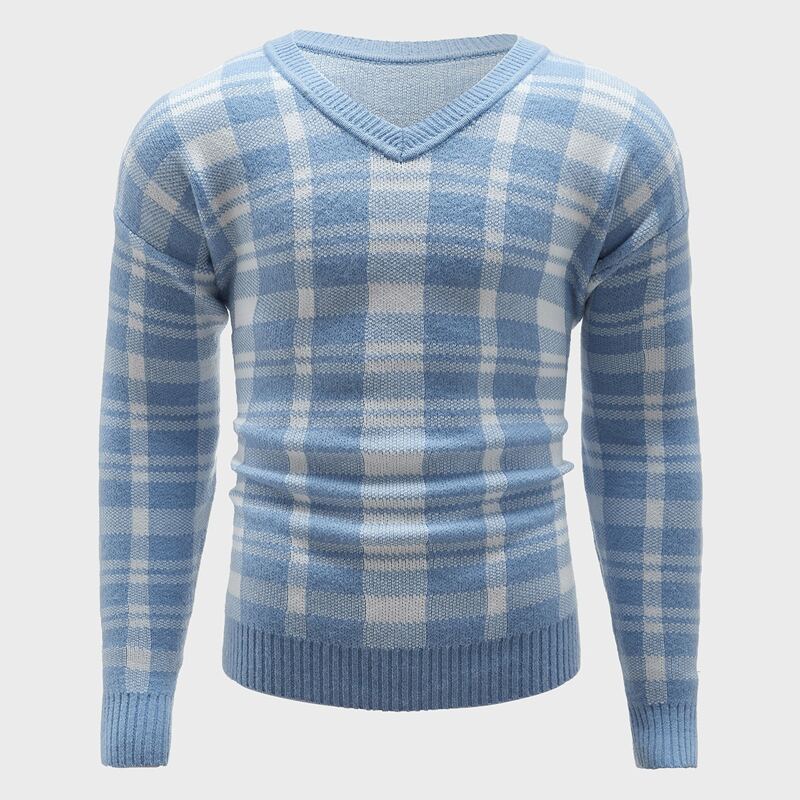 

Guys V-neck Drop Shoulder Plaid Sweater, Blue and white