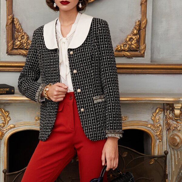 

Contrast Collar Raw Trim Tweed Coat, Black and white