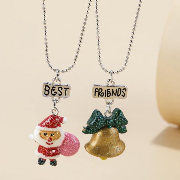

2pcs Girls Christmas Bell Pendant Necklace, Multicolor