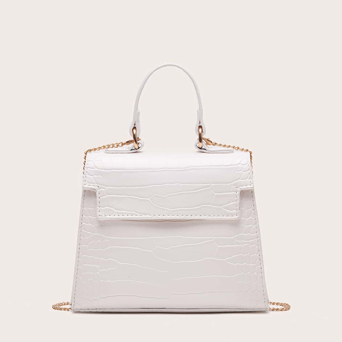 

Croc Embossed Flap Satchel Bag, White