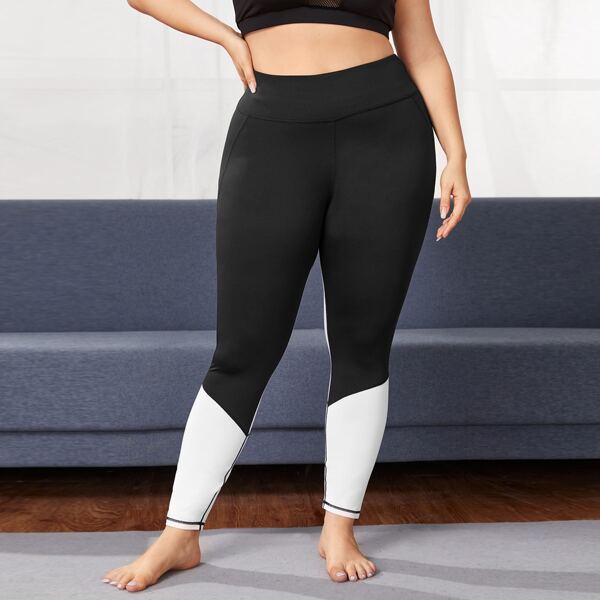 

Plus Colorblock Wide Band Waist Sports Leggings, Black and white