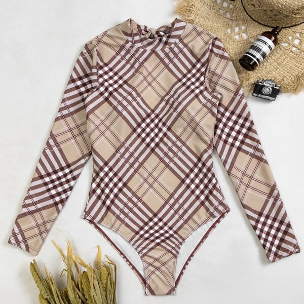 

Plaid Cut-out Back One Piece Swimsuit, Khaki