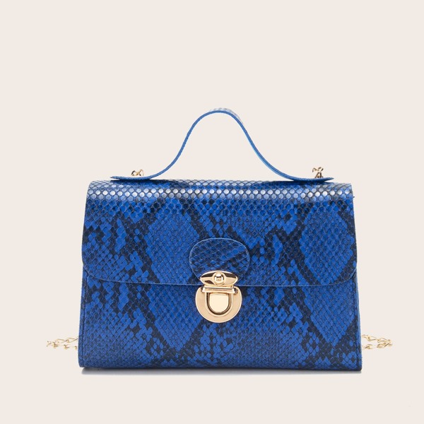 

Snakeskin Print Push Lock Satchel Bag, Blue