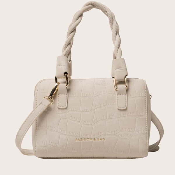 

Croc Embossed Satchel Bag, Beige