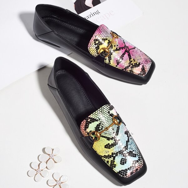 

Horsebit Decor Snakeskin Loafers, Multicolor