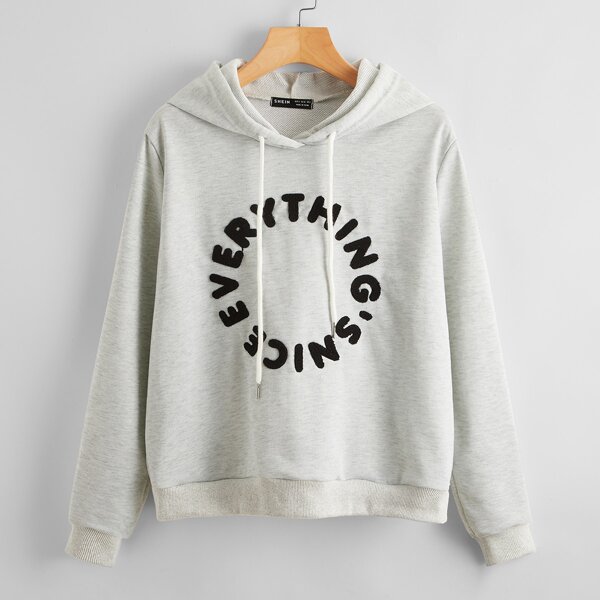 

Fuzzy Letter Embroidered Hoodie, Light grey