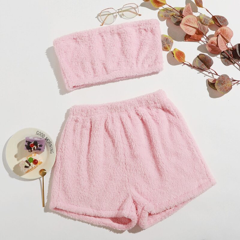 

Solid Teddy Tube Top & Shorts Lounge Set, Baby pink