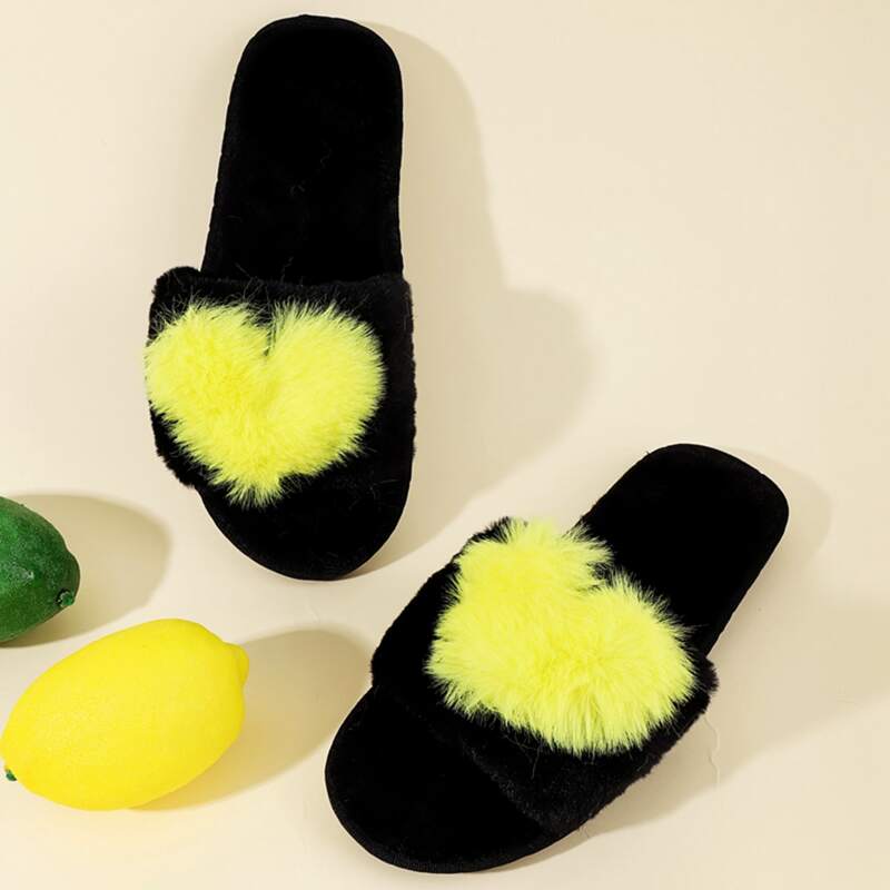 

Heart Decor Fluffy Slippers, Yellow
