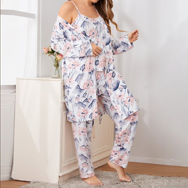 

Plus All Over Floral Print Cami PJ Set With Belted Robe, Multicolor